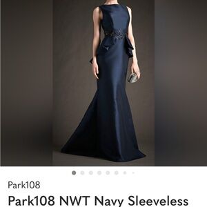 Navy Sleeveless Satin Evening Gown